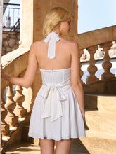 Halter Flounce Trim Bow Tie Back Solid Dress